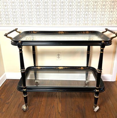 Vintage Black And Gold Chinoiserie Serving Cart With Two Tiers, Glass And Metal, Brass Handles