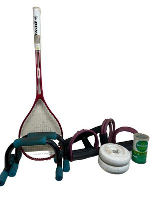 An Assortment Of Workout & Sporting Equipment, Including Racquetball Rack