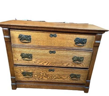 Gorgeous Antique Oak Low Three Drawer Dresser - Stunning Grain & Hardware!
