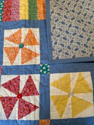 Vintage Pinwheel Patterned Hand Stitched Quilt With Adorable Button Accents: 60inches Square