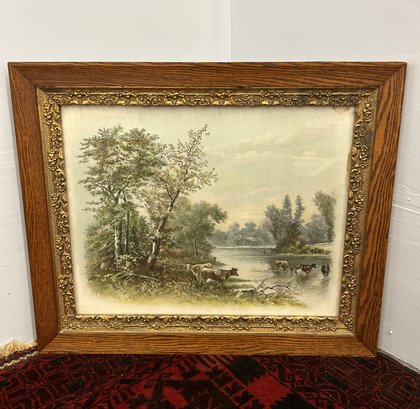 Absolutely Stunning Antique Cow & River Print With Gorgeous Antique Oak & Giltwood Frame
