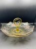 Beautiful Green Glass Middle Handle Serving Dish Painted Flower Design