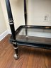 Vintage Black And Gold Chinoiserie Serving Cart With Two Tiers, Glass And Metal, Brass Handles
