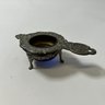 Antique Three Piece Tea Stainer, Metal With Cobalt Blue Glass Base