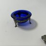 Antique Three Piece Tea Stainer, Metal With Cobalt Blue Glass Base