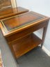 Pair Of Vintage Leather-top Side Or End Tables With Wood Inlay.