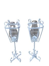 Pair Of Large Iron Candle Holders With Glass Chimneys. Lantern Style