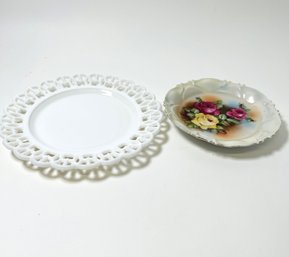 Milk Glass Plate & Antique Porcelain Hand Painted Plate