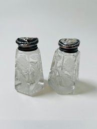 Pair Of Glass Salt & Pepper Shakers With Sterling Tops