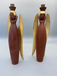 Pair Of Burma Teak  Angle Wooden Candle Holders Made In Italy