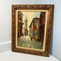 Mid Century Oil On Board Cityscape Painting, Signed & Framed