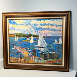 Signed Oil On Canvas Harbor Scene - Stunning Vibrant Colors!