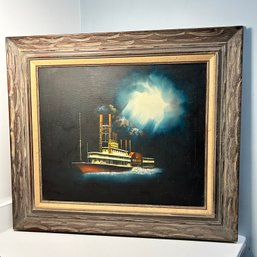 Steamboat Through The Storm: Oil On Canvas Painting, Framed
