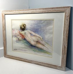 Signed Nude Ink & Watercolor Painting By Carol Kelly, Framed & Matted