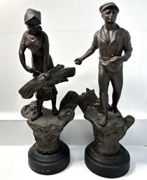 French Style Contemporary Metal Figurines - Man & Woman In Agriculture