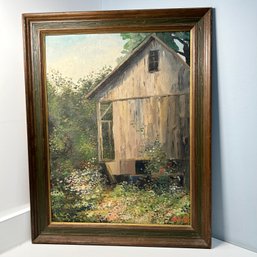 Springtime Cabin In The Woods, Oil On Board Signed Painting, Framed