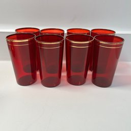 Set Of 8 Red Glass Drinking Glasses With Gold Rims