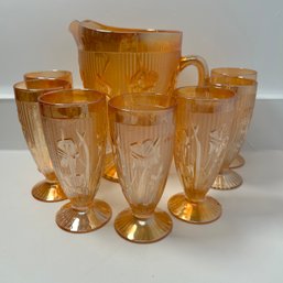 Vintage Carnival Glass Iris Herringbone Set, Including Pitcher & 7 Glasses