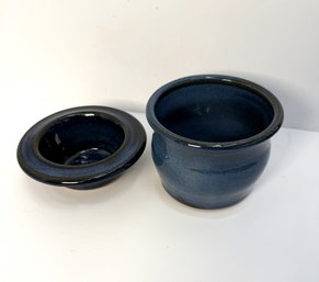 Pair Of Matching Blue Glazed Pottery: One Planter Pot And The Other ?