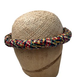 Fun Vintage Woven Straw Hat With Rainbow Woven Brim By Don Kline, Original Tag!