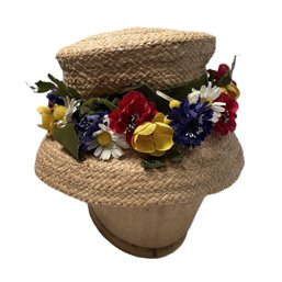 Vintage 1950s Rimmed Straw Hat With Floral Accents And Ribbon