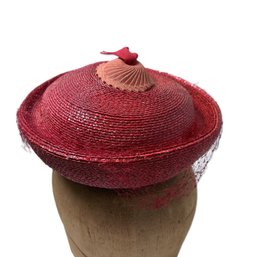 Vintage Gladys & Belle Vibrant Red Straw Hat With Mesh Accents & Fun Design