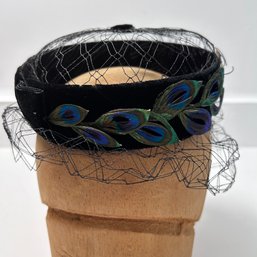 Elegant Vintage Fascinator Hat By Lenore Marshall With Peacock Feathers & Mesh