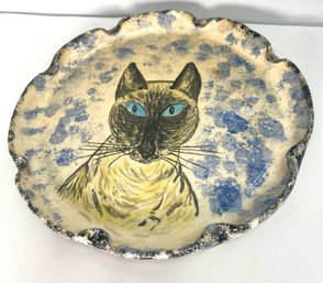 Vintage Pottery Artist Made Cat Plate With Ruffled Edges
