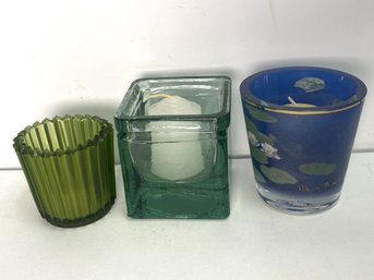 Lot Of 3 Candle Holders Including One With Monet Painting On It.