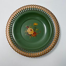 Metal Plate With Applied Flowers And Reticulated Edges