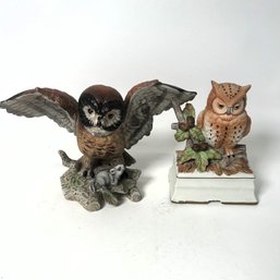 A Pair Of Owl Porcelain Figurines - One Music Box!