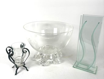 Lot Of 3 Glass Vases And Display Bowls