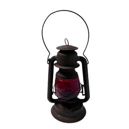 Antique Little Ezy Lit Lantern, Kerosene Lamp With Red Glass Globe