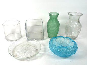 Assorted Lot Of Glass Vases And Plant Stands