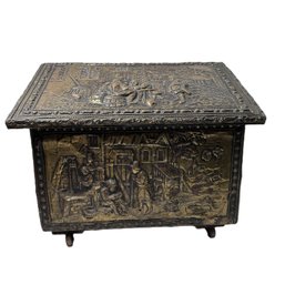Embossed Brass & Wooden Kindling Box On Casters