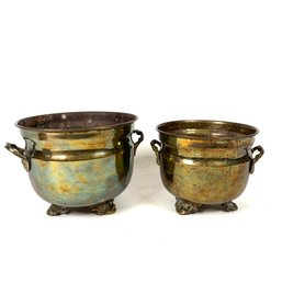 Pair Of Ornate Brass Kettle Bowls With Handles And Feet