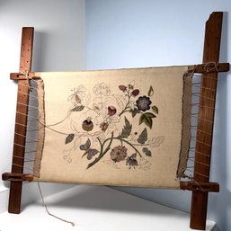 Needlepoint Textile Art, Partially Finished, On Wooden Loom Stretcher
