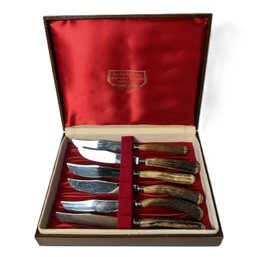 Set Of Six Real Stag Horn Cutlery Knives, Styled By Lewis Rose & Co, Sheffield England With Storage Box