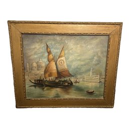 Vintage Oil On Board Original Painting, Framed, Harbor Seascape
