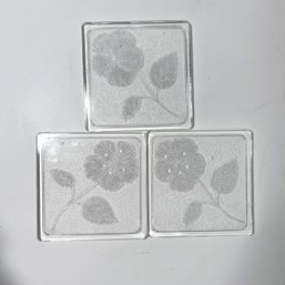 Set Of Three Vintage Clear Glass Apple Blossom Decorated Trivets Or Hot Plates