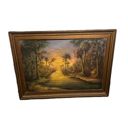 Gorgeous Vintage Oil On Board Original Painting, Tropical Wetland Canal Landscape With Sunset