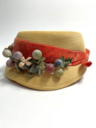 Vintage Straw Lady's Fashion Hat With Ribbon & Floral Decorations