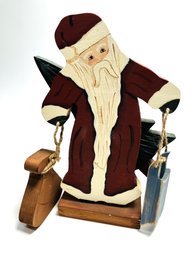 Vintage Wooden Santa Christmas Decoration With Toy Bag, Sled, & Christmas Tree