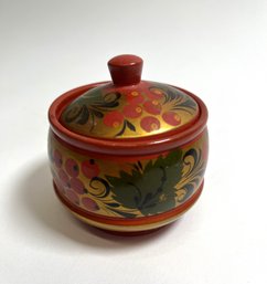 Small Russian Wooden Lidded Jar, Hand Painted With Flowers