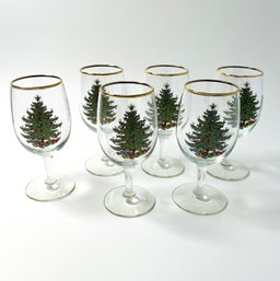 Stemmed Gold Rimmed Classic Christmas Tree Wine Glasses