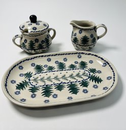 Polish Pottery Sugar & Creamer Set With Platter / Tray