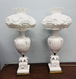 Pair Of Stunning Antique White Milk Glass Urn Lamps With Glass Shades