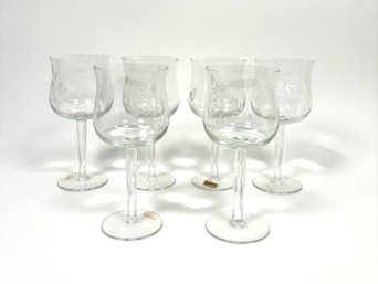 Vintage Set Of 6 Etched Glass Import Associates Wine Glasses Romania