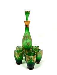 Vintage Emerald Green Glass Decanter And Cups Set Beautiful Gold Gilt