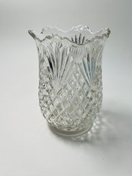 Large Clear Glass Vase With Diamond Pattern & Scalloped Edge